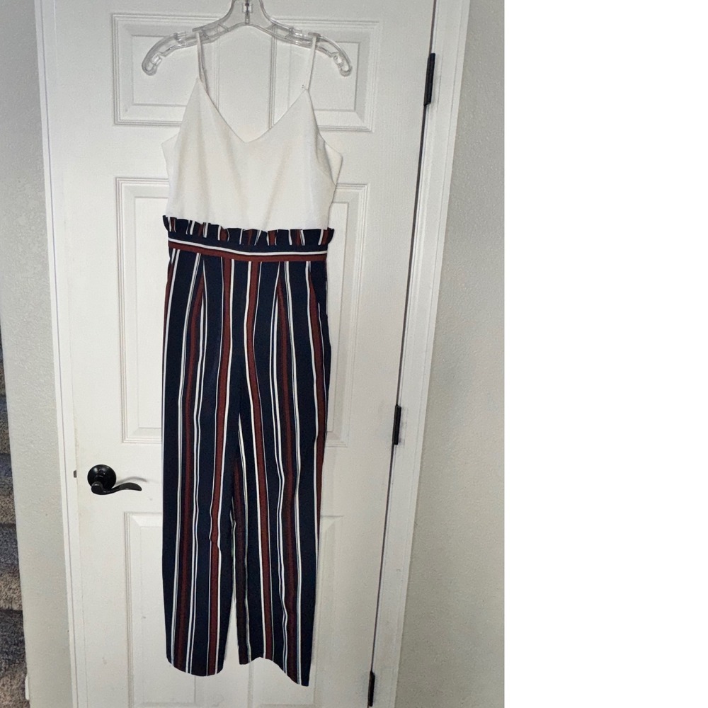 Altar'd State Striped Paperbag Waist Jumpsuit Navy Rust White Small